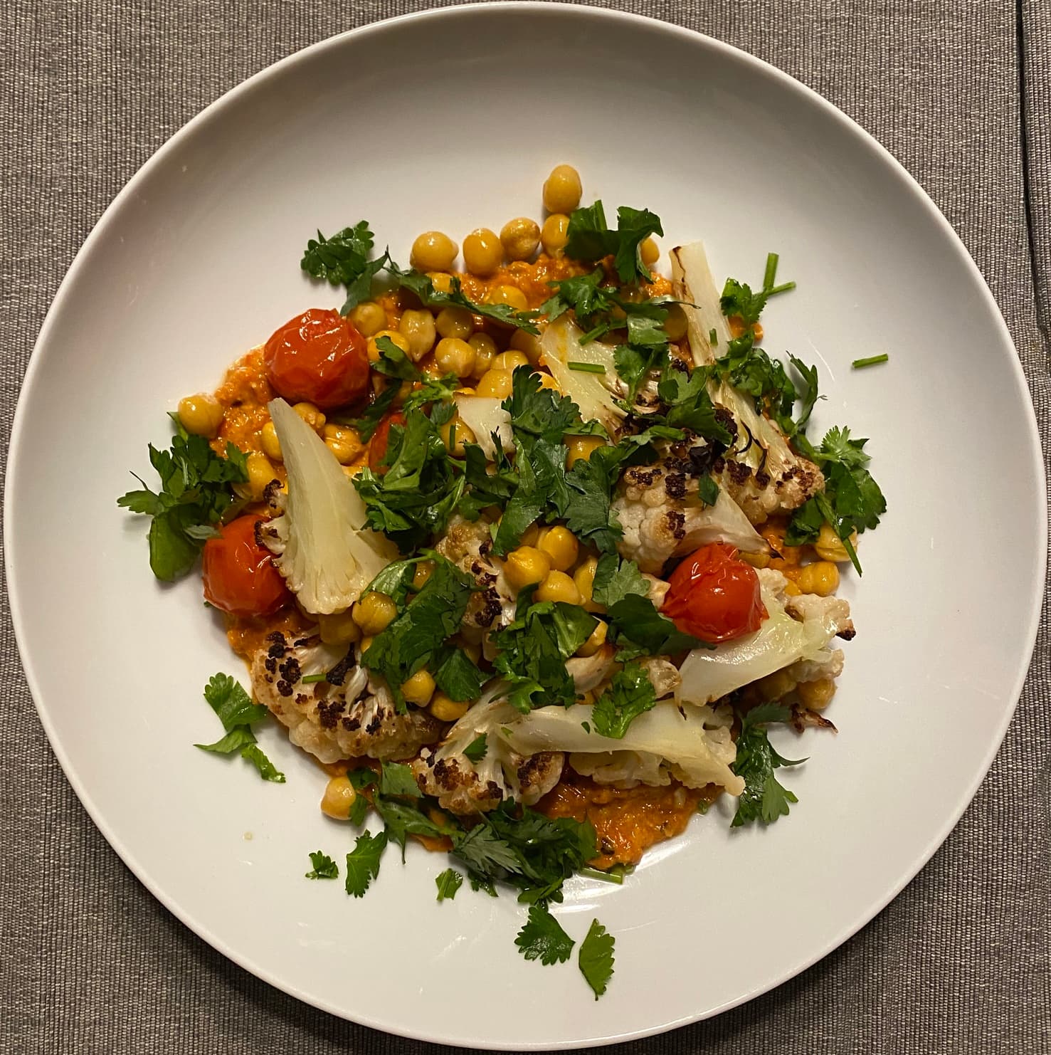 Roasted cauliflower, chickpeas and romesco sauce