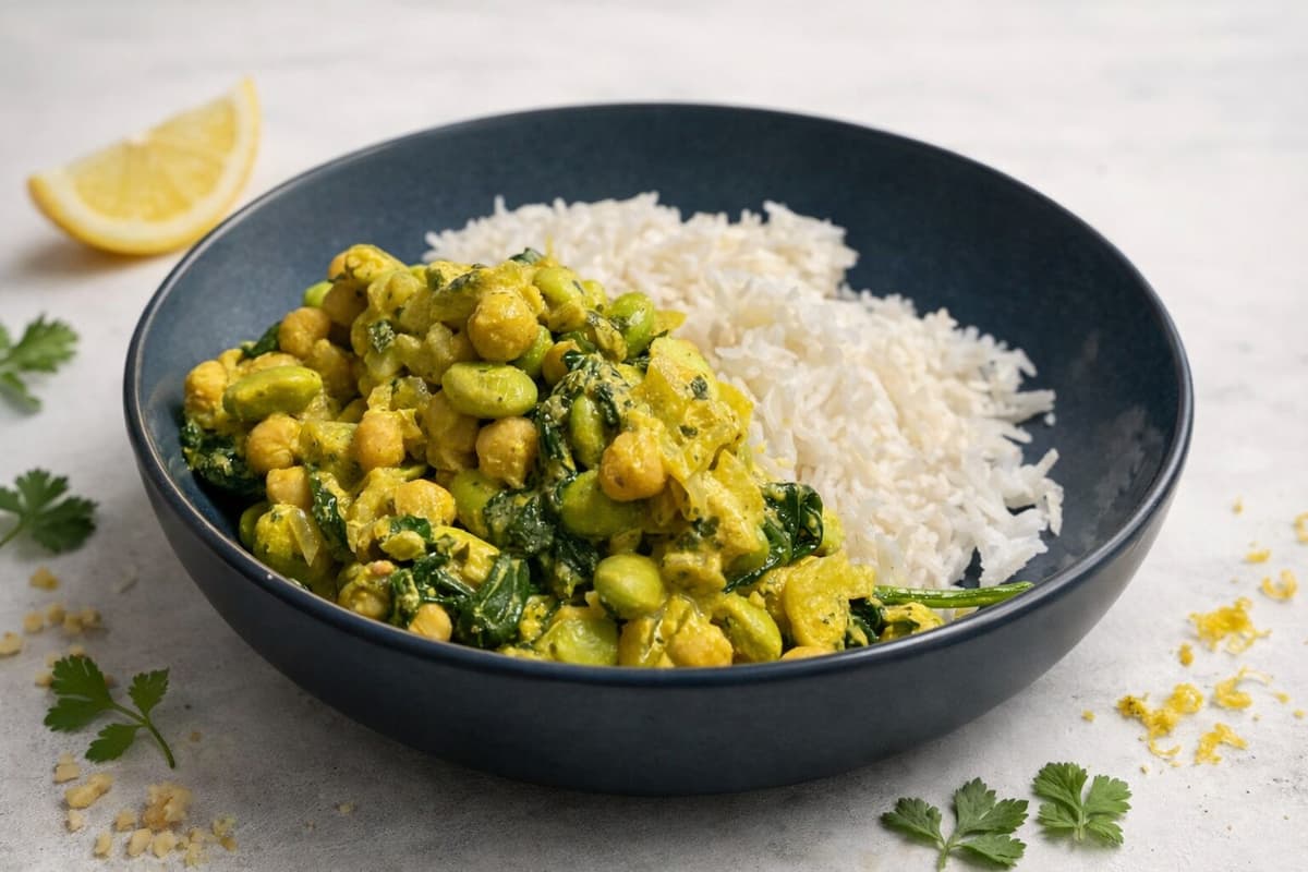 Chickpea and edamame rice bowl