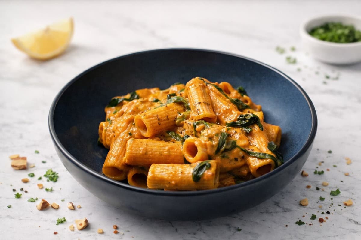 Romesco and spinach pasta