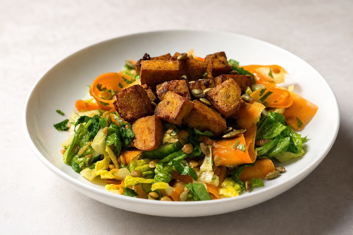 Carrot, coriander and lime salad with crispy curried tofu