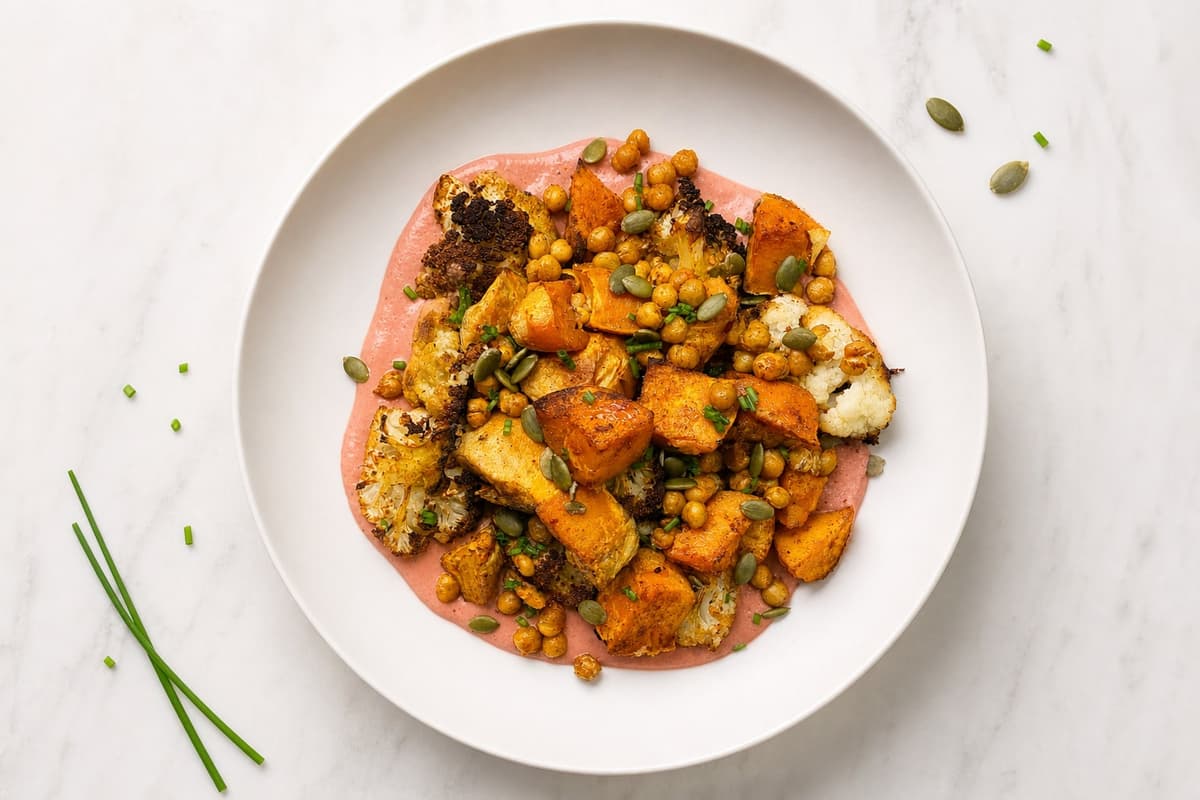 Cauliflower, sweet potato and chickpea bowl with creamy beetroot sauce