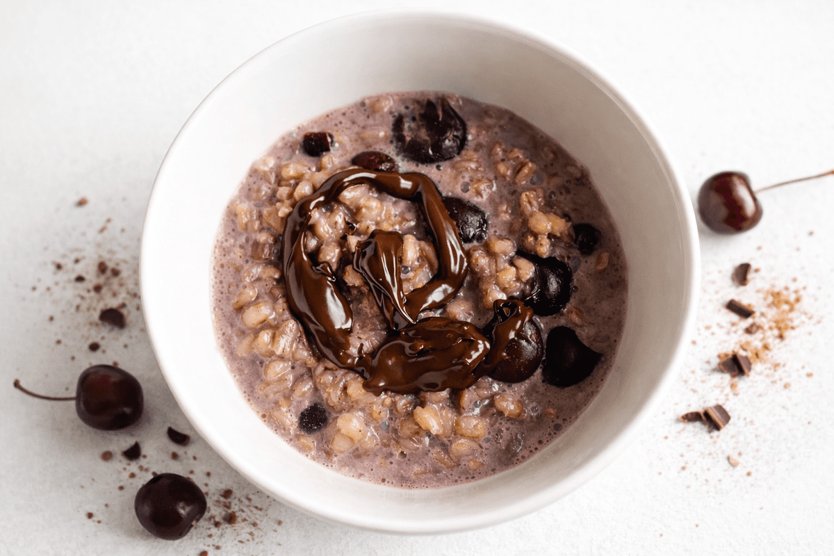 Cherry and chocolate pearl barley porridge