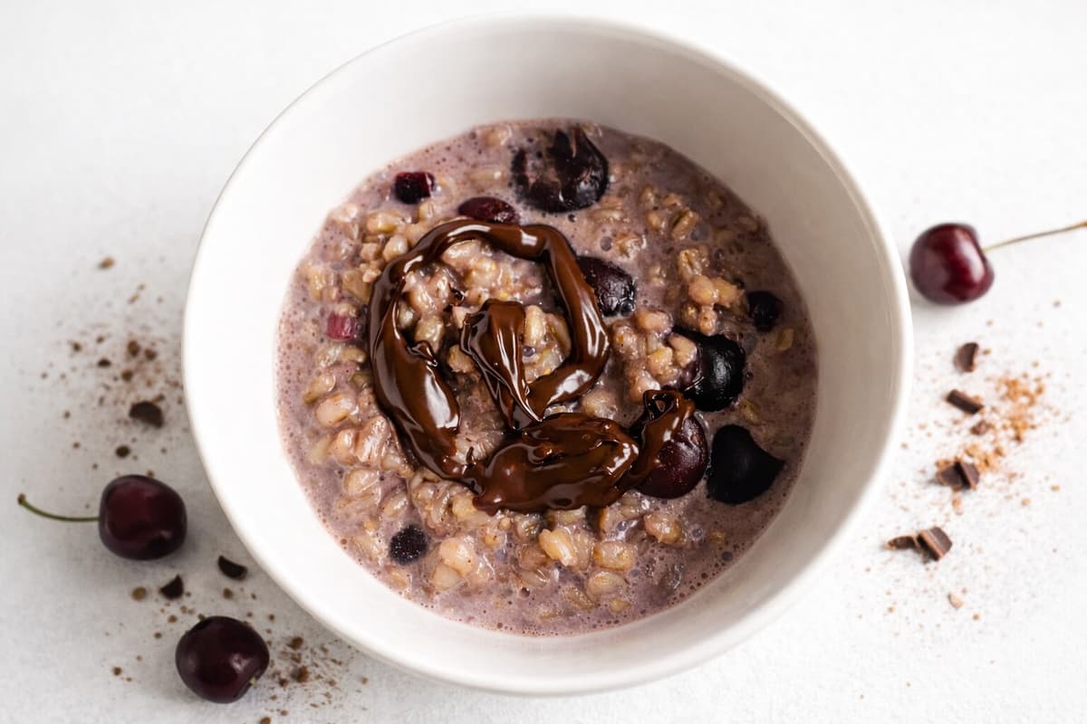 Cherry, cacao and hazelnut pearl barley porridge