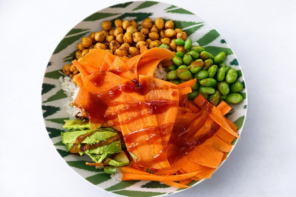 Chickpea and edamame teriyaki rice bowl