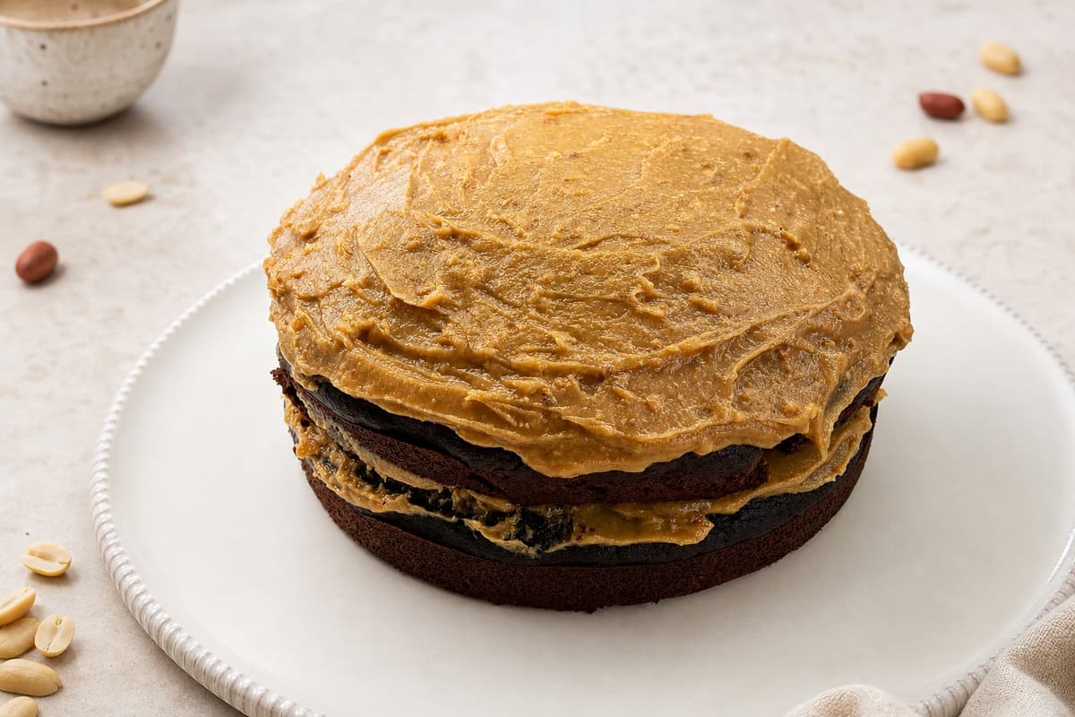 Chocolate fudge cake with peanut butter icing