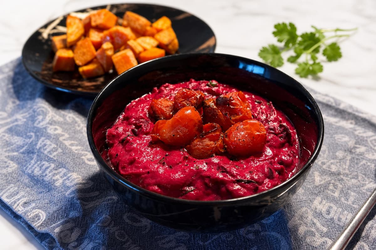Creamy beetroot black beans with tomato and spinach