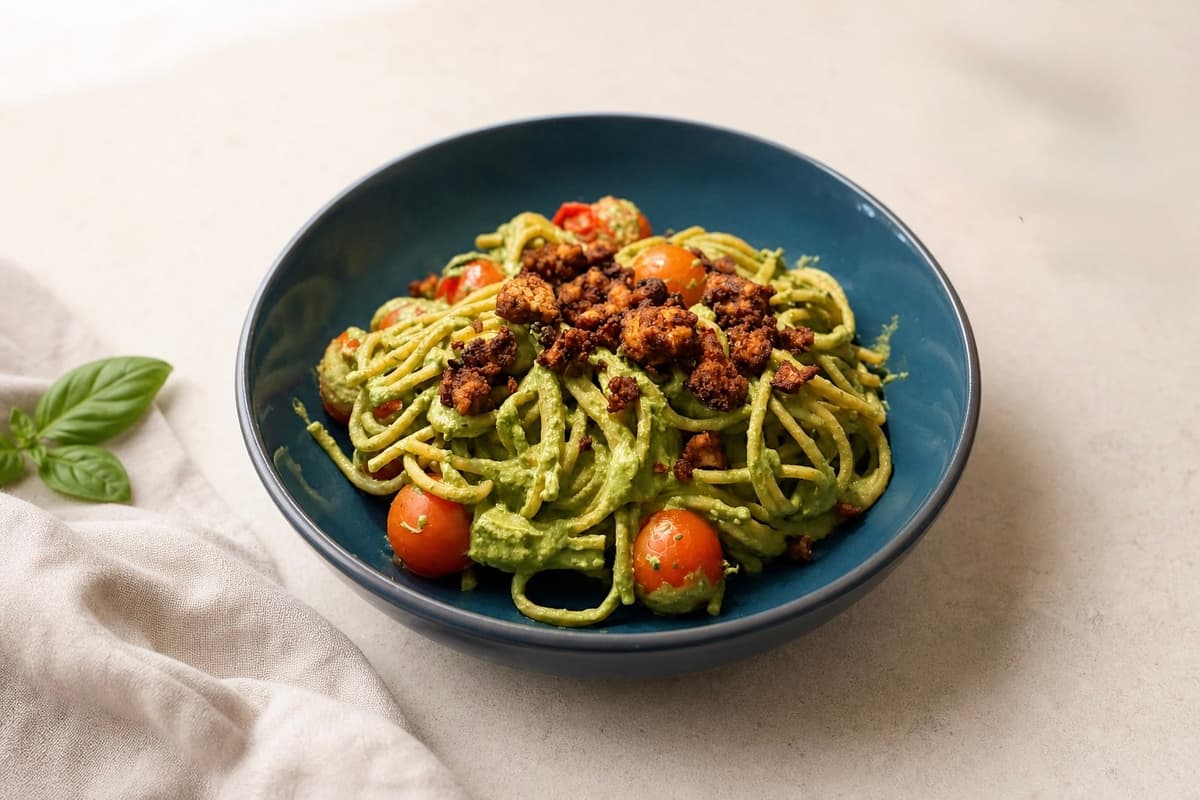Creamy green pasta with tomato and crispy balsamic tofu