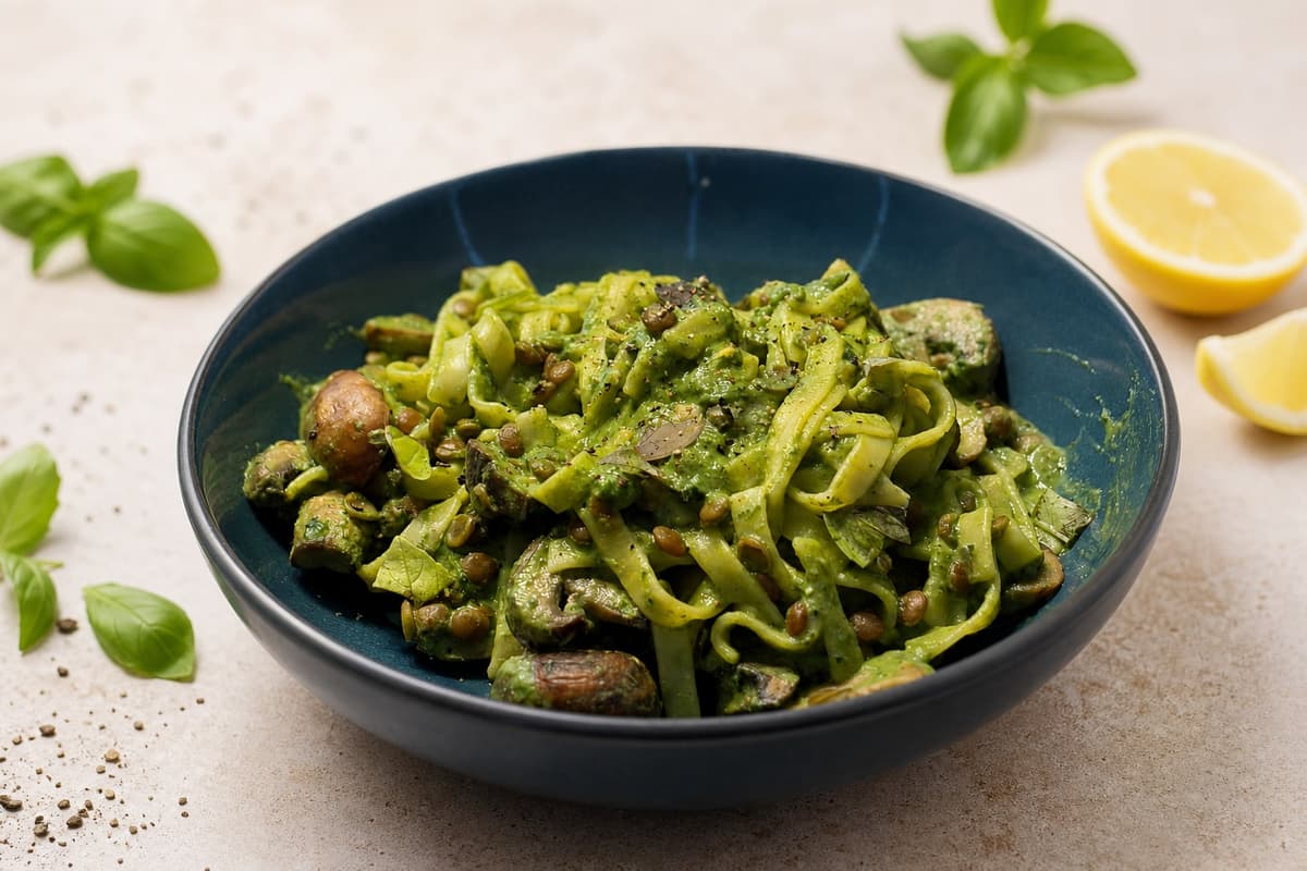 Creamy spinach, mushroom and lentil pasta