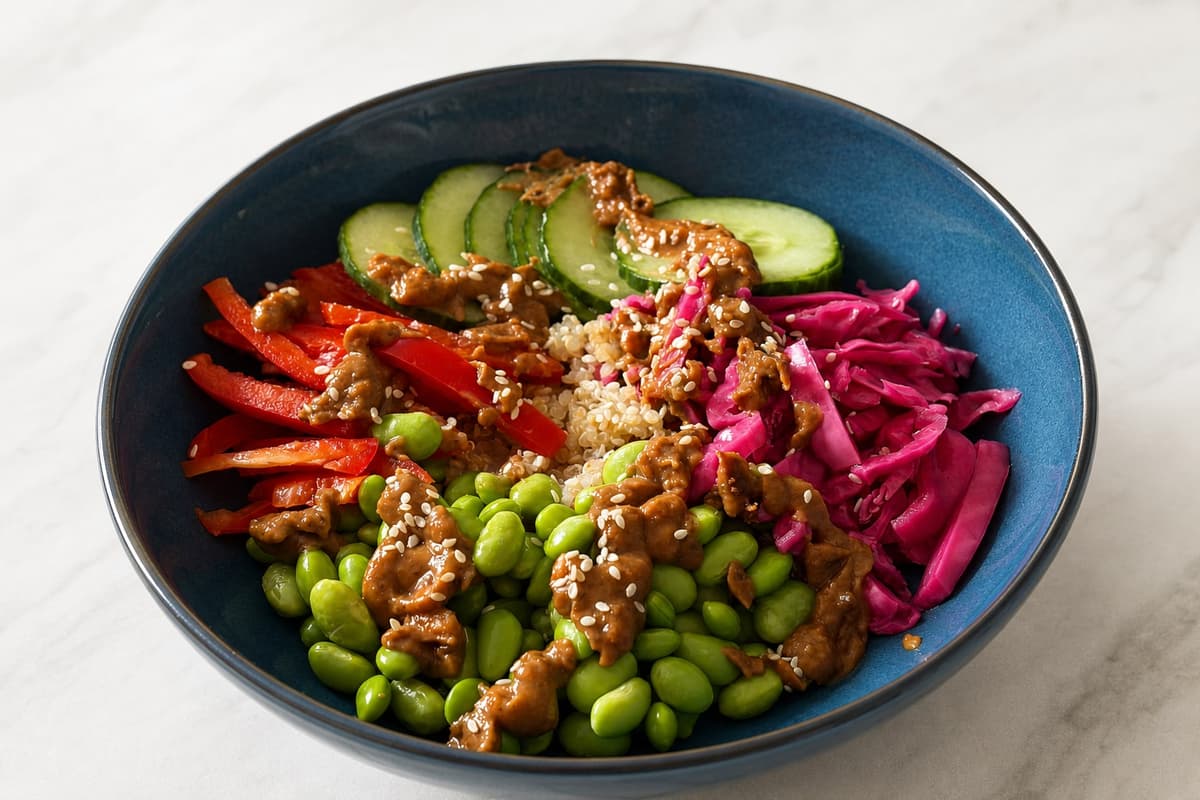 Edamame rainbow grain bowl with peanut sauce