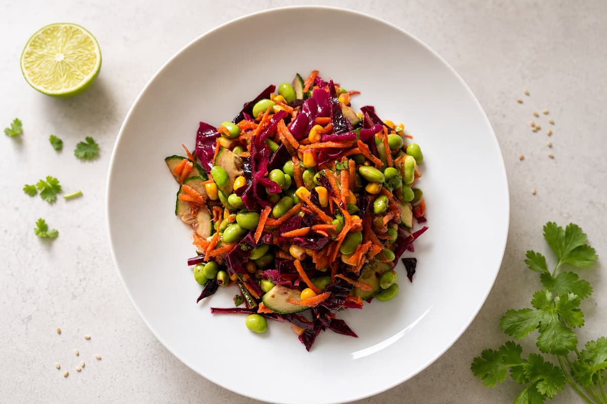 Edamame rainbow salad with miso dressing