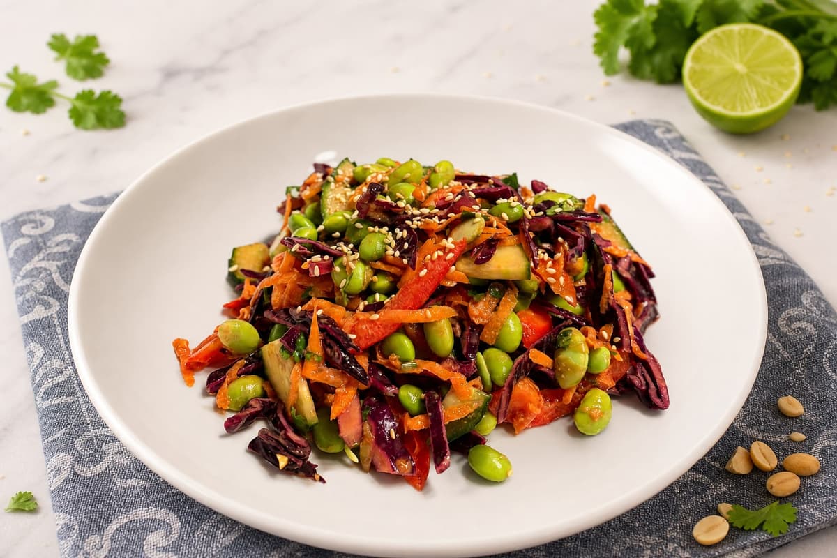Edamame rainbow salad with peanut dressing