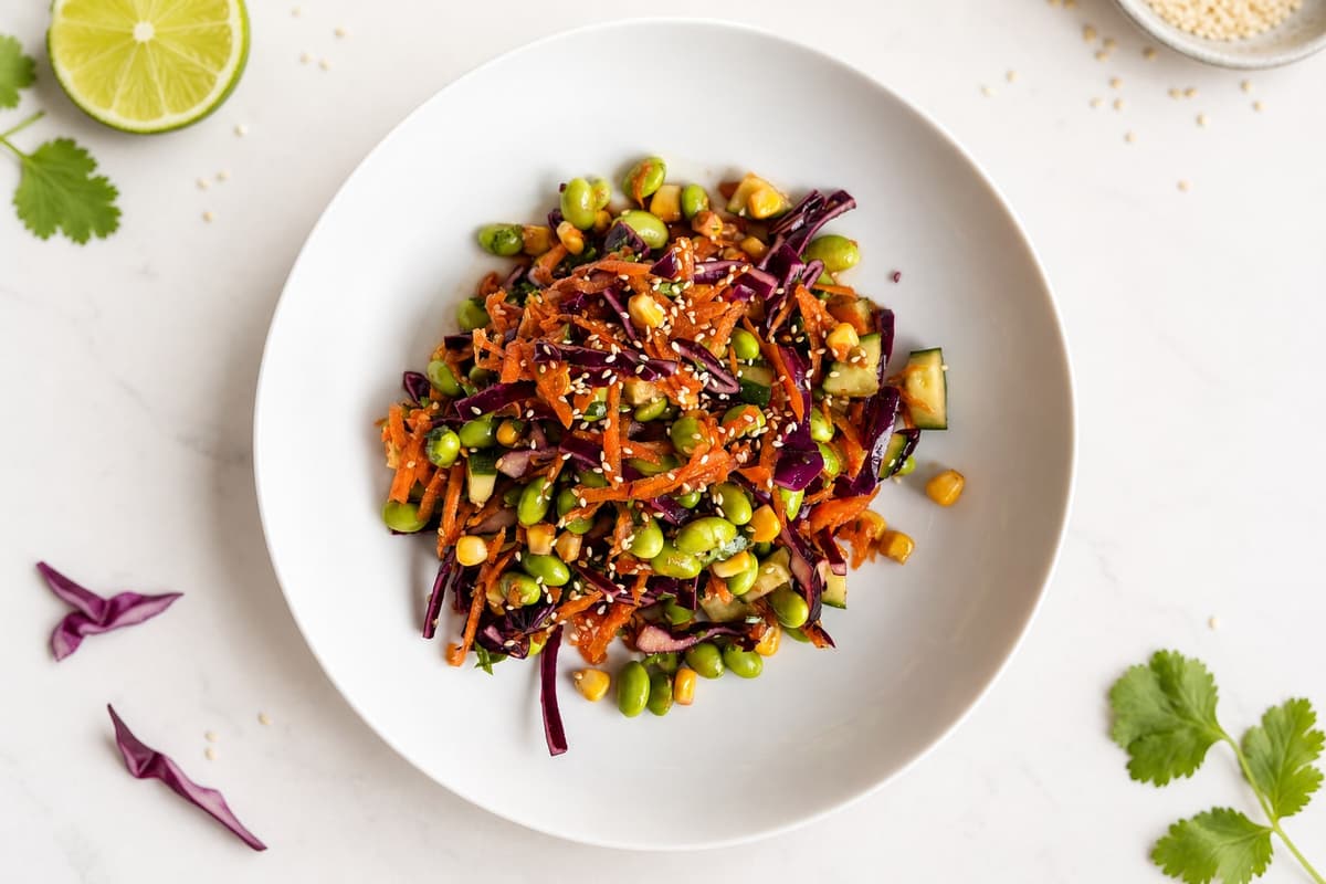 Edamame rainbow salad with sesame dressing
