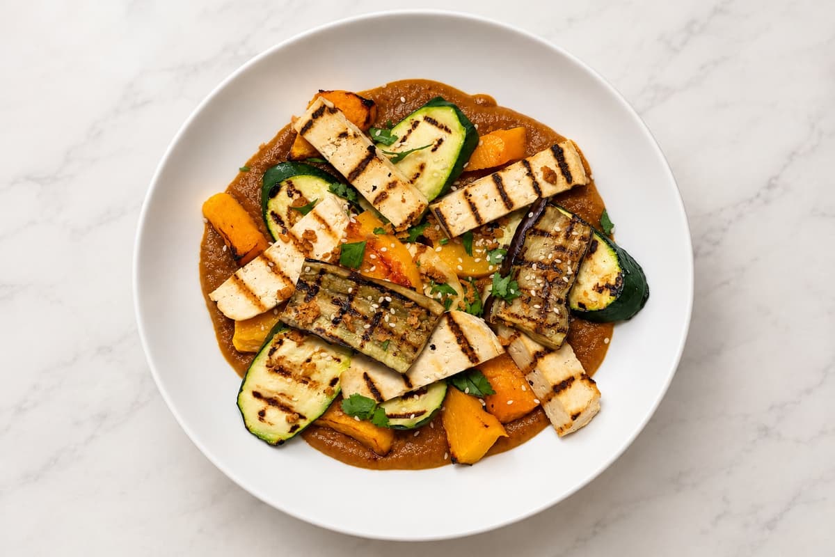 Grilled tofu bowl with katsu curry sauce