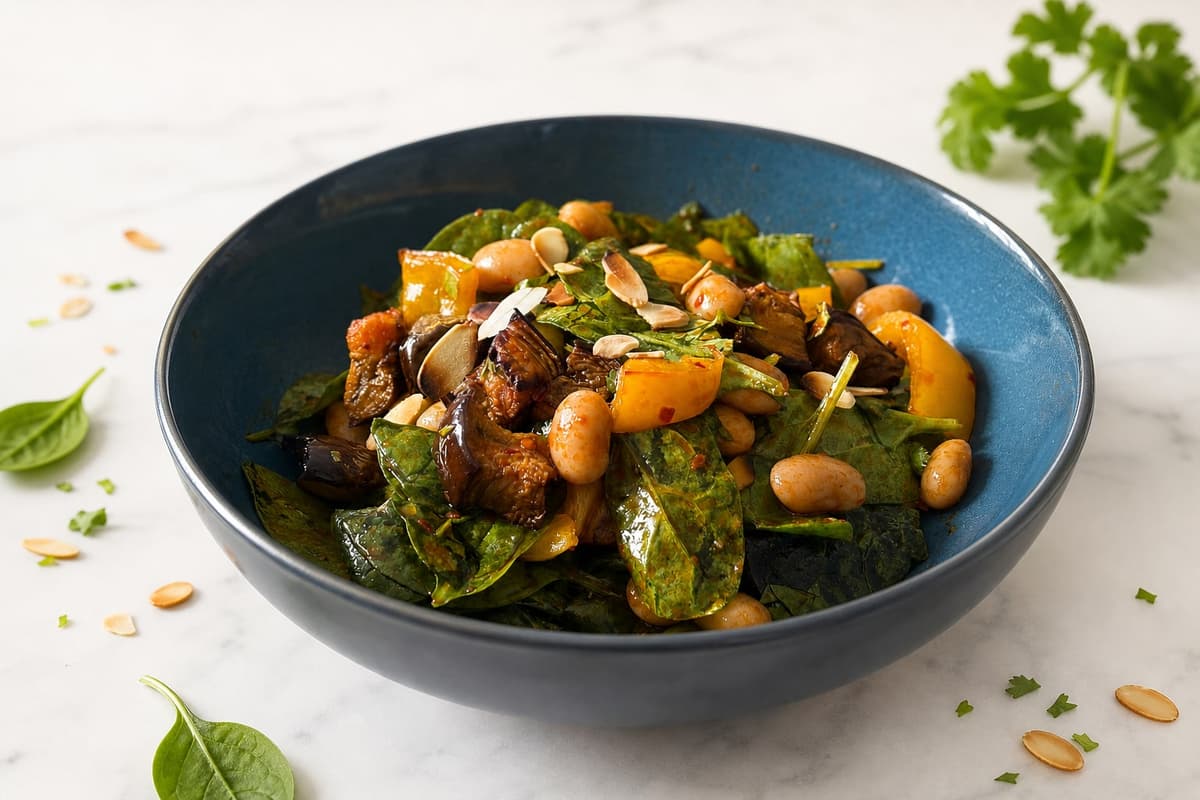 Harissa aubergine and butter bean salad
