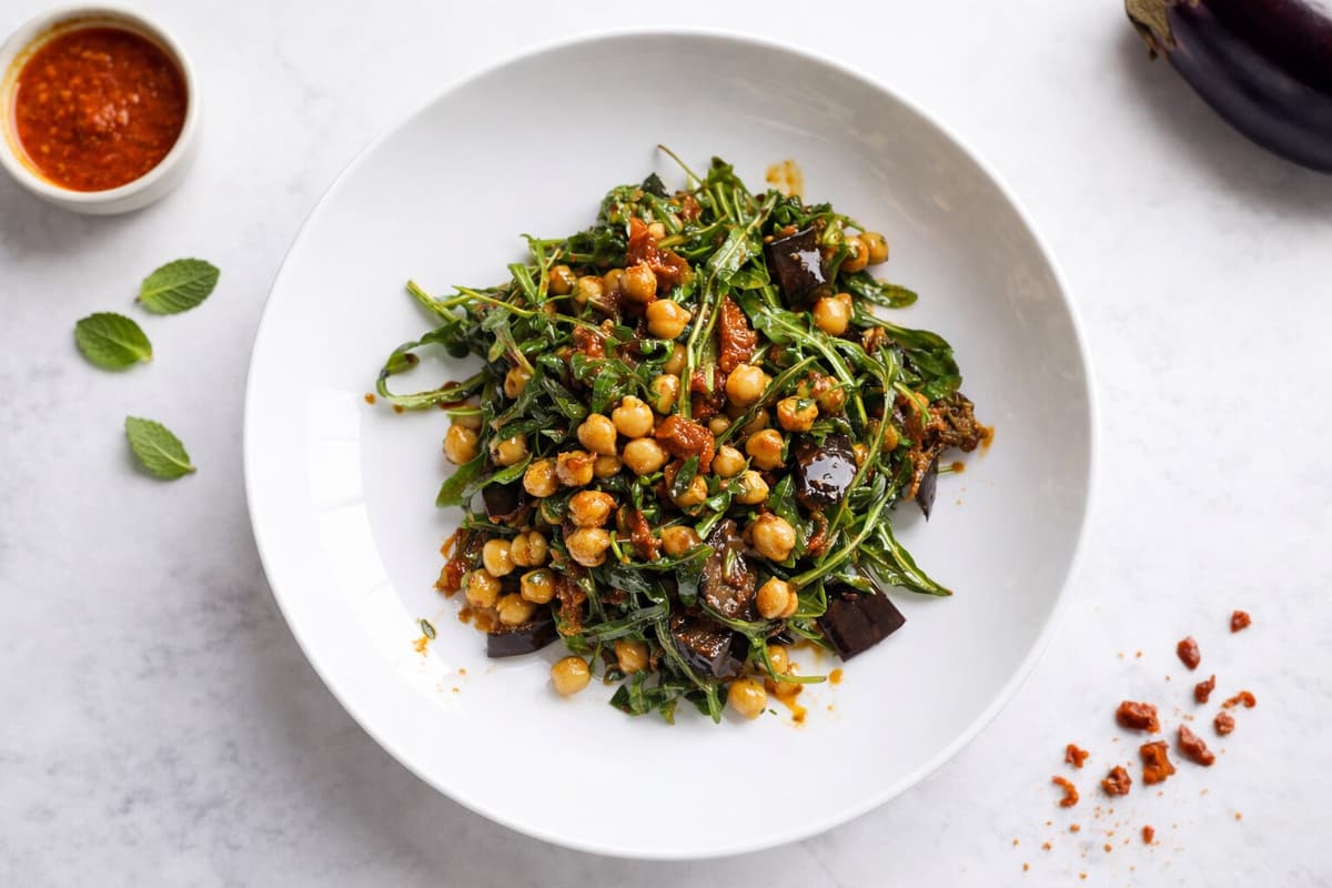 Harissa aubergine and sun-dried tomato salad