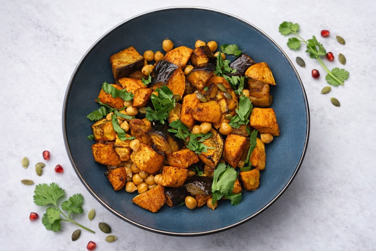 Harissa aubergine, sweet potato and chickpea traybake