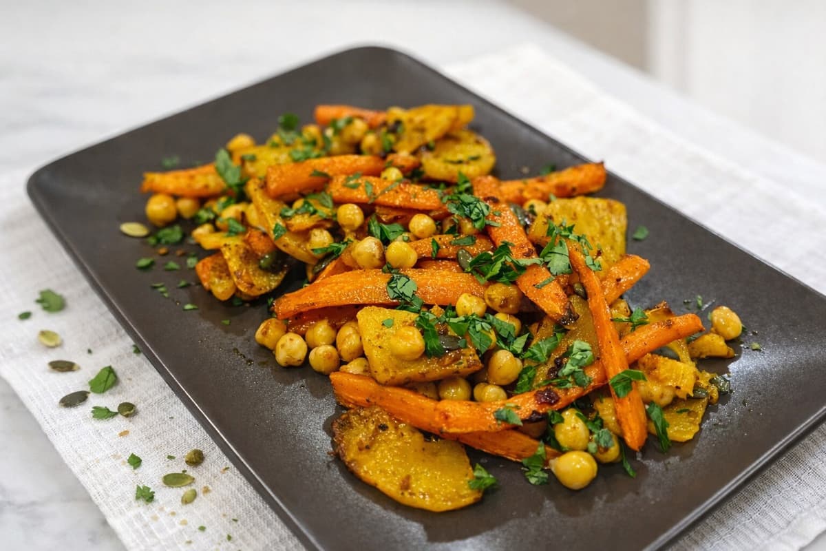 Harissa roasted squash, carrot and chickpea traybake