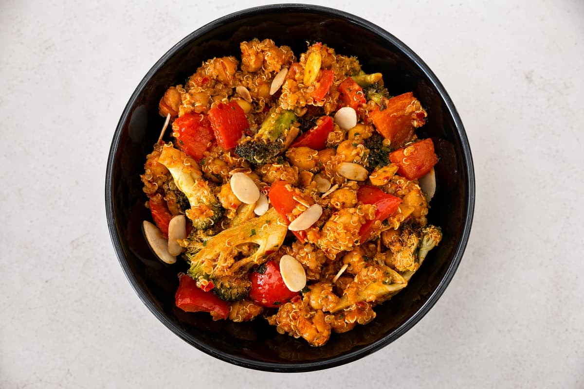 Harissa roasted vegetable, chickpea and quinoa bowl