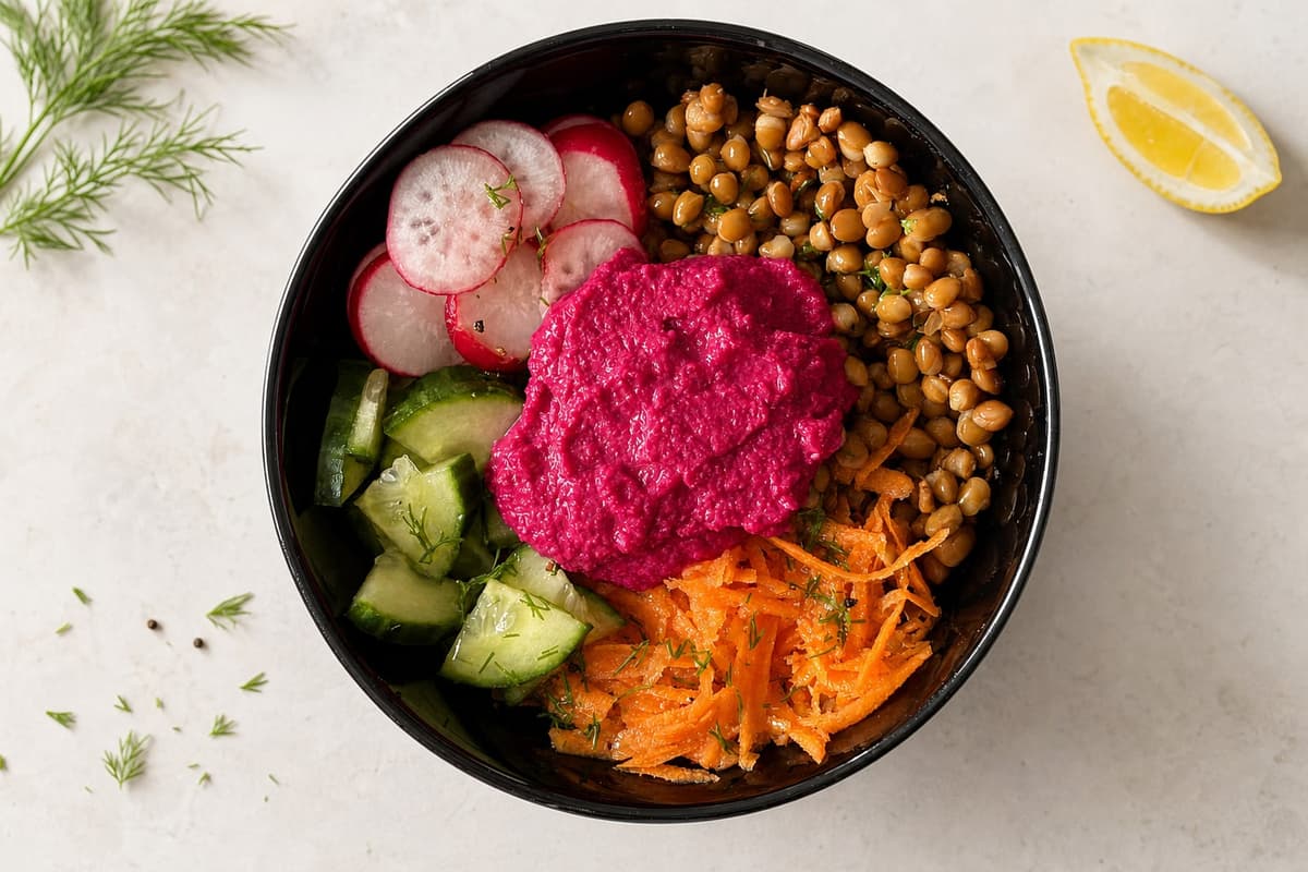 Lentil and beetroot hummus salad bowl