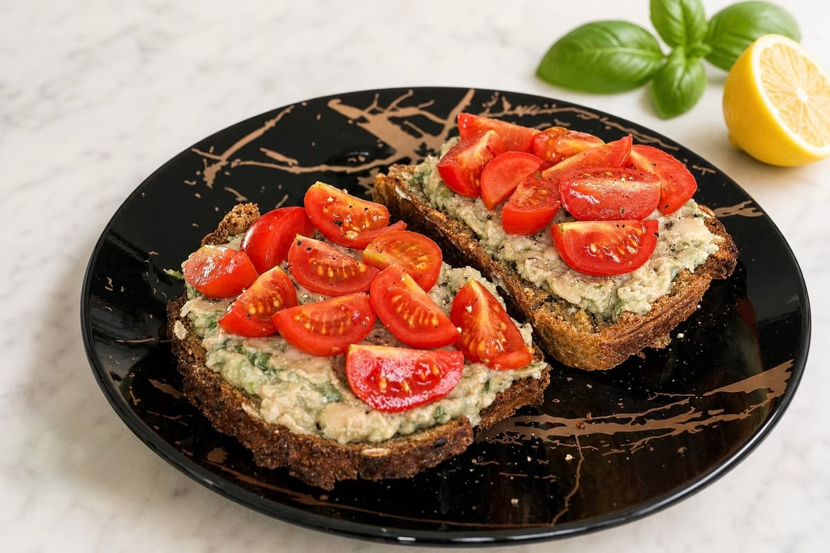 Mashed cannellini beans and pesto on toast