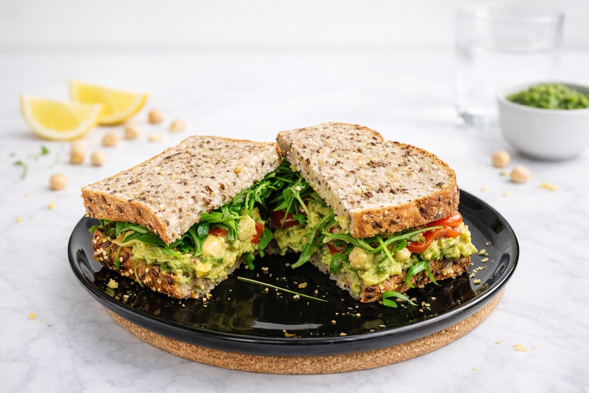 Mashed chickpea and pesto sandwich