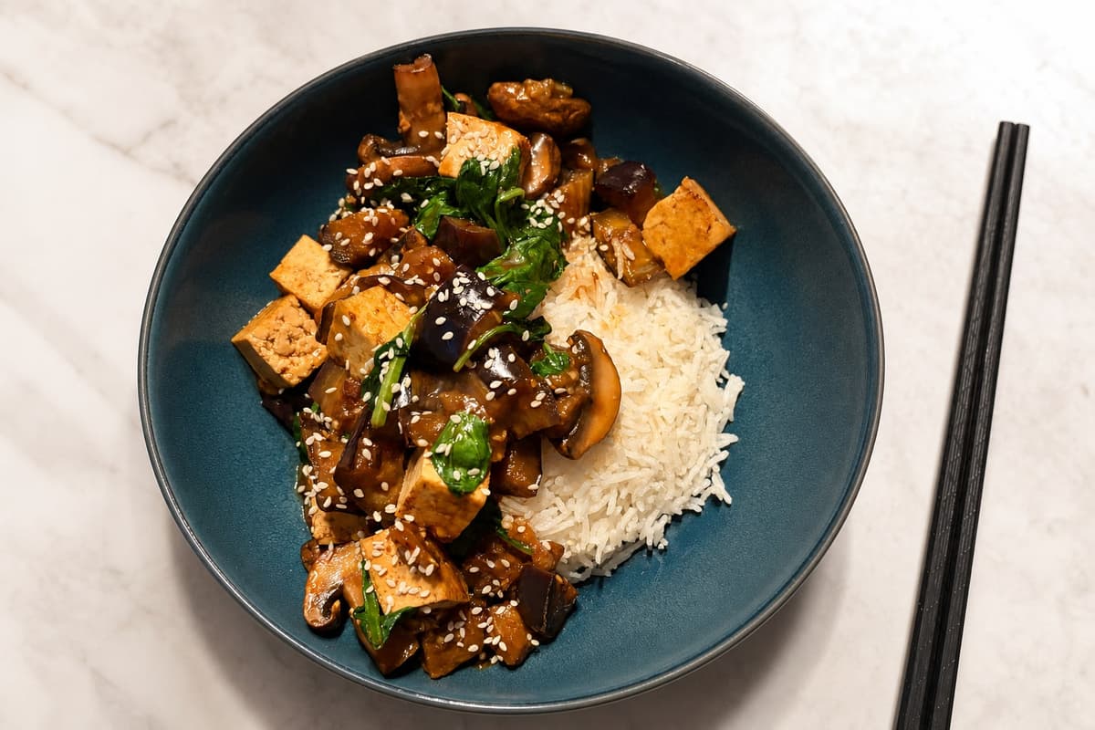Miso aubergine and mushroom stir fry