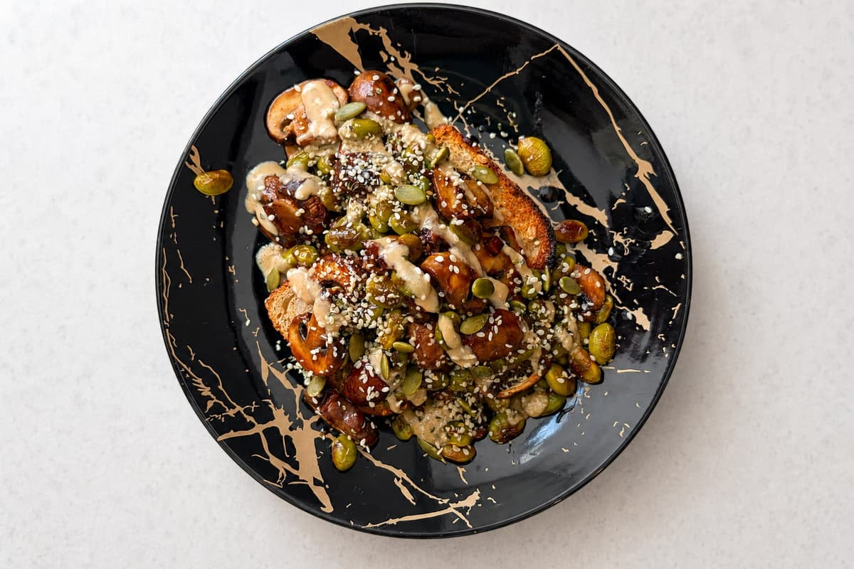 Miso mushroom and tahini on toast