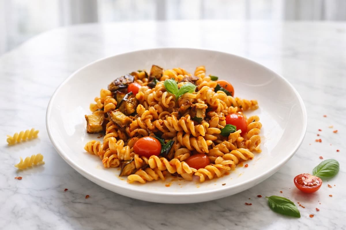 Pasta with aubergine and red pepper pesto