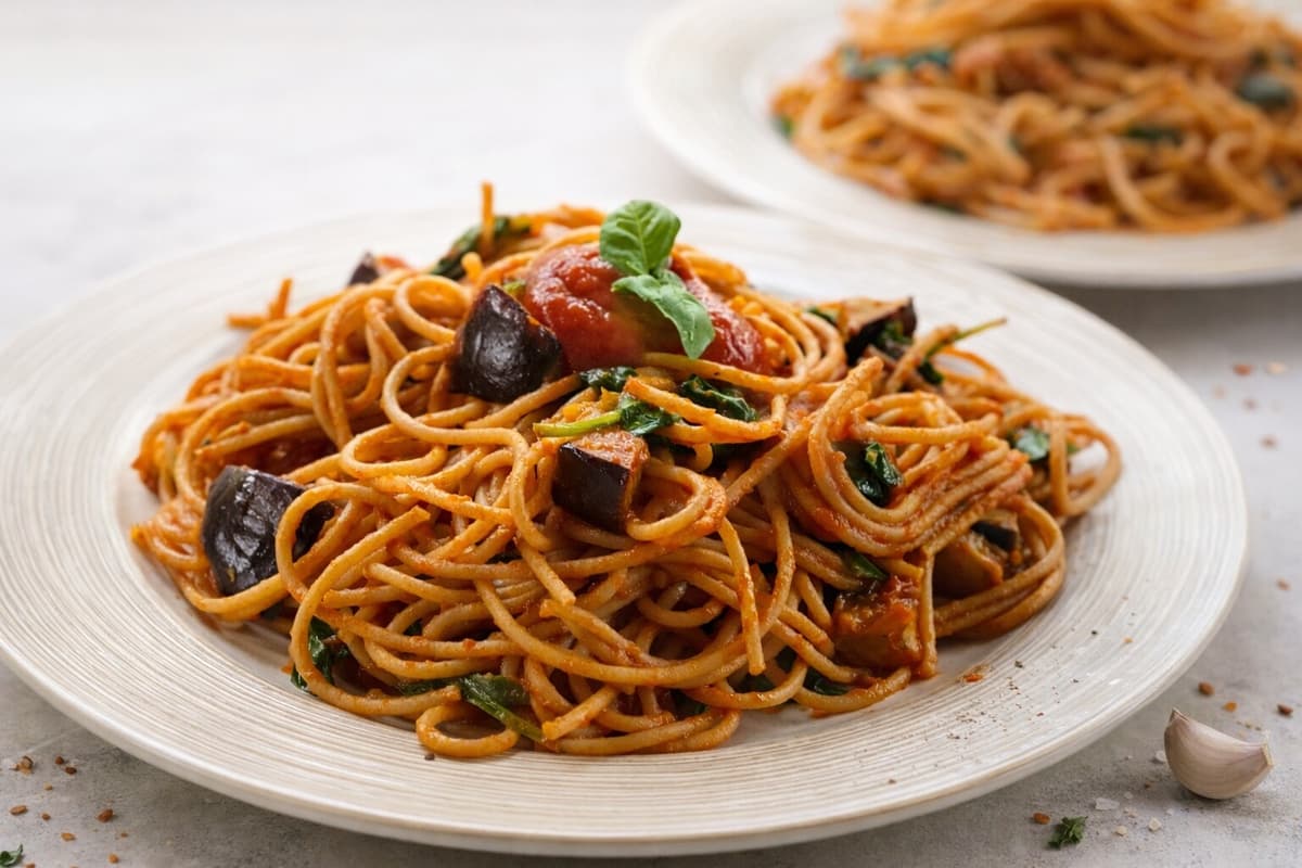 Pasta with aubergine, spinach and tomato sauce