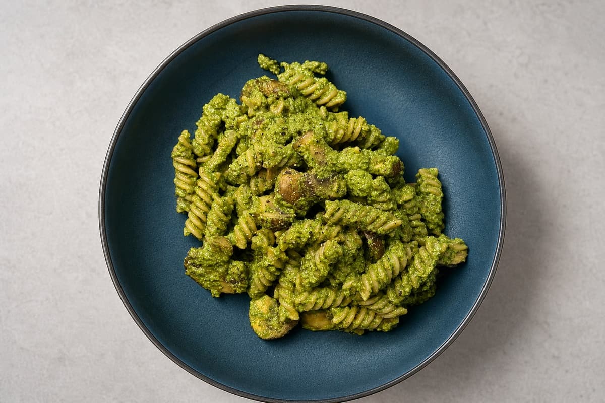 Pasta with mushrooms and creamy green sauce