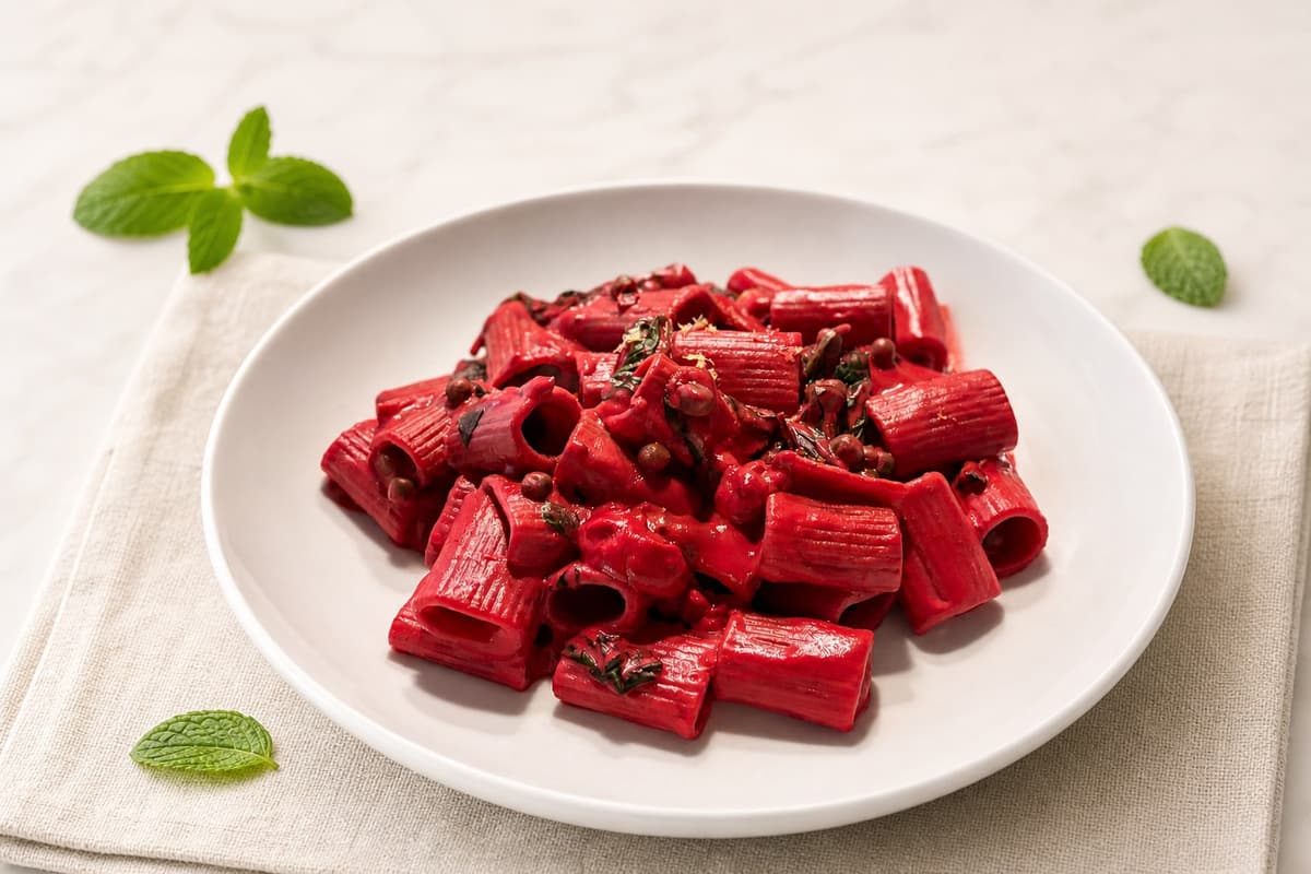 Pasta with peas, spinach and creamy beetroot sauce