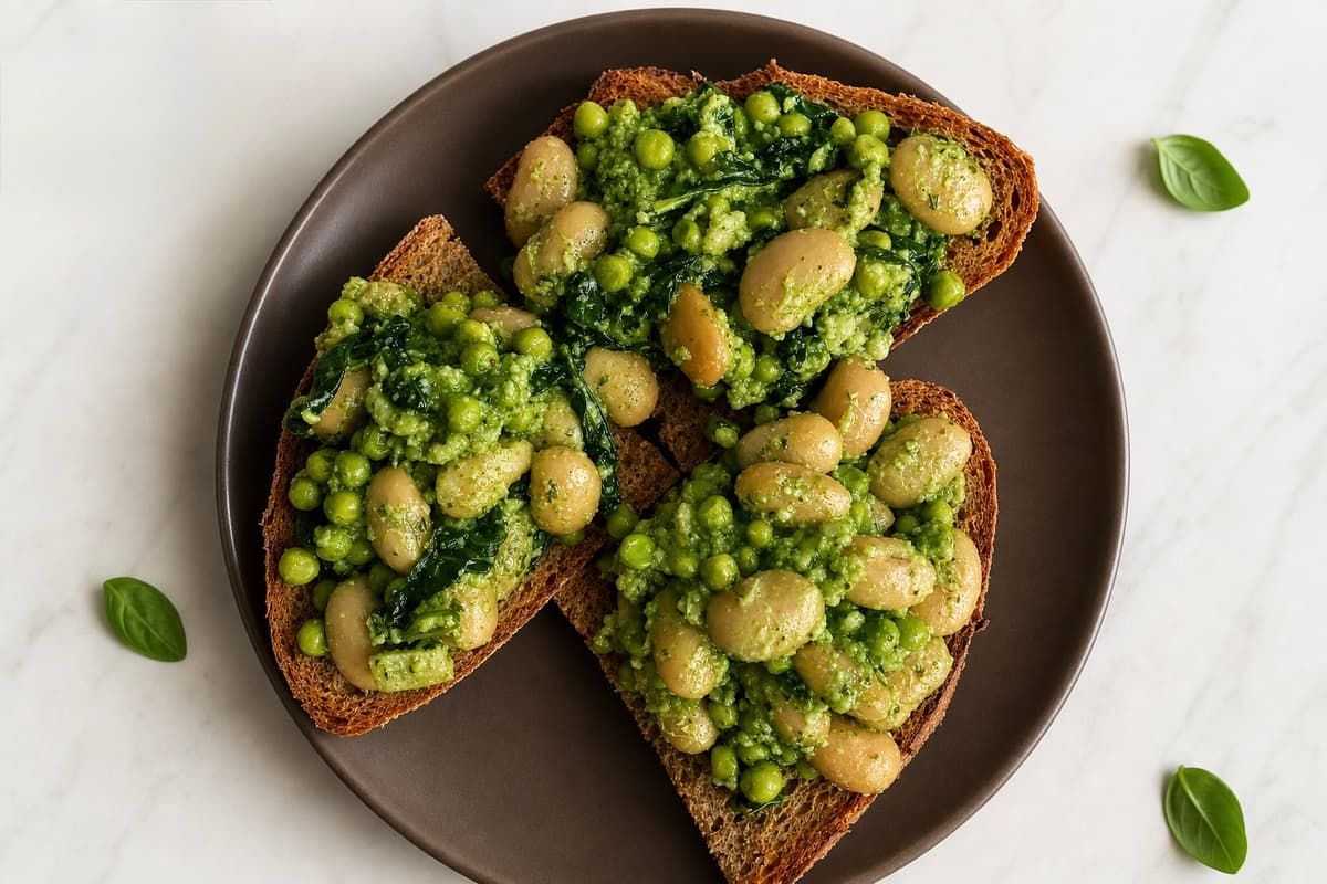 Pesto butter beans with peas and spinach