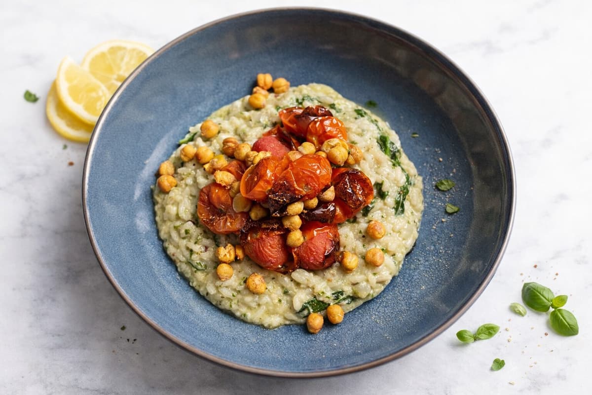 Pesto risotto with tomato, spinach and chickpeas