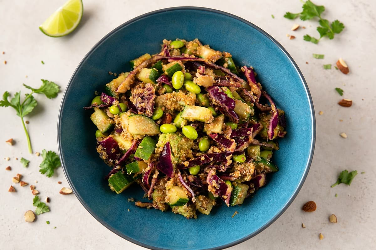 Quinoa and edamame salad with almond dressing