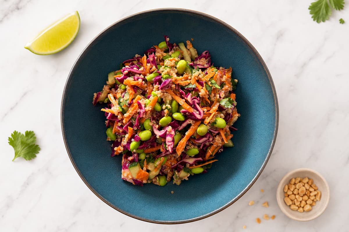 Quinoa and edamame salad with peanut dressing