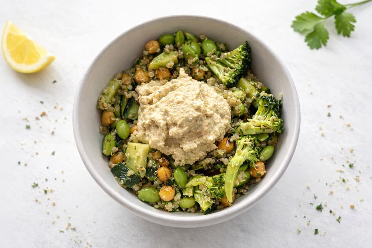 Quinoa, greens and hummus salad bowl