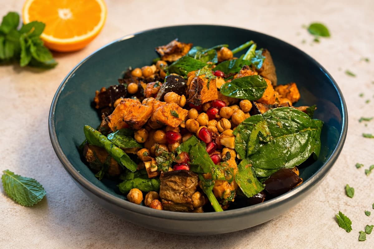 Roasted aubergine, sweet potato and chickpea bowl with orange dressing