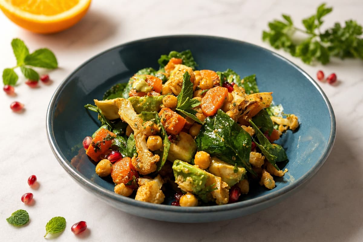 Roasted cauliflower, carrot and chickpea bowl with orange dressing