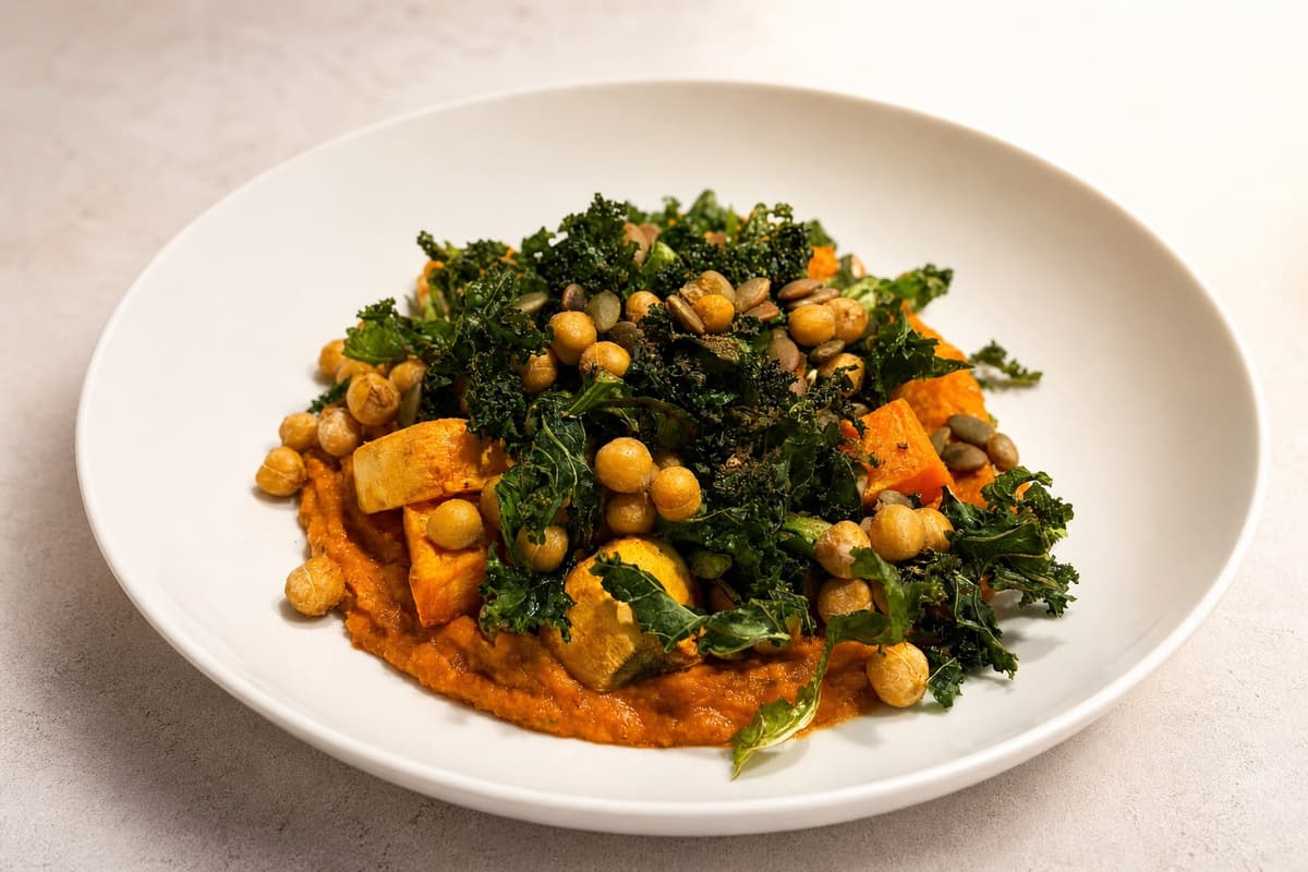 Roasted sweet potato, chickpeas and crispy kale