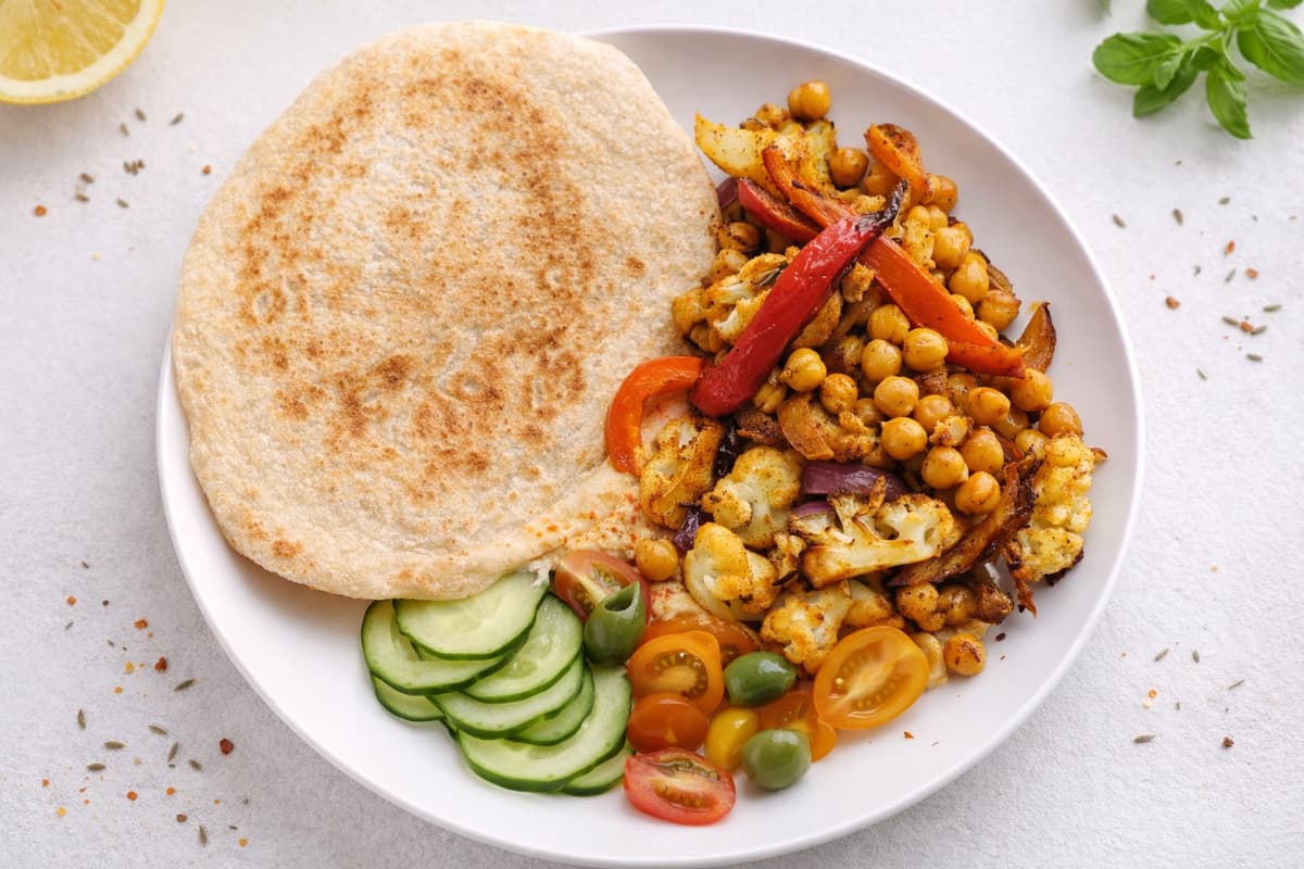 Roasted vegetable, chickpea and hummus bowl