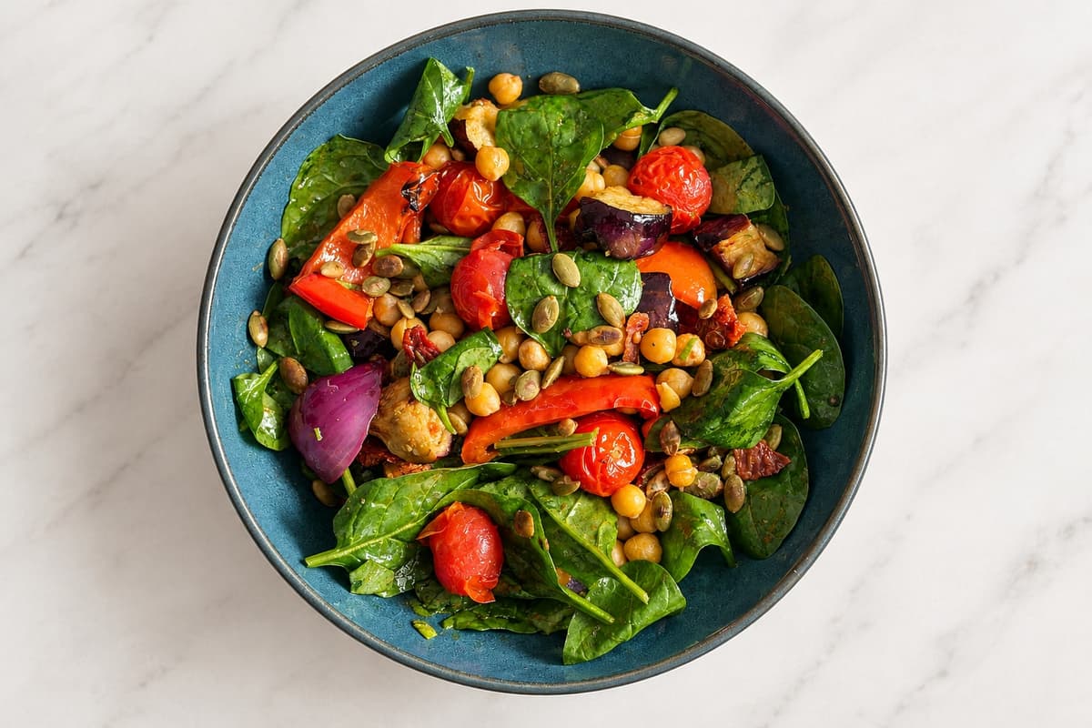 Roasted vegetable, chickpea and sun-dried tomato salad