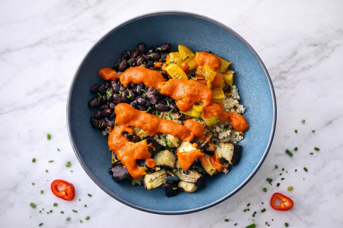Smoky red pepper, aubergine and quinoa bowl