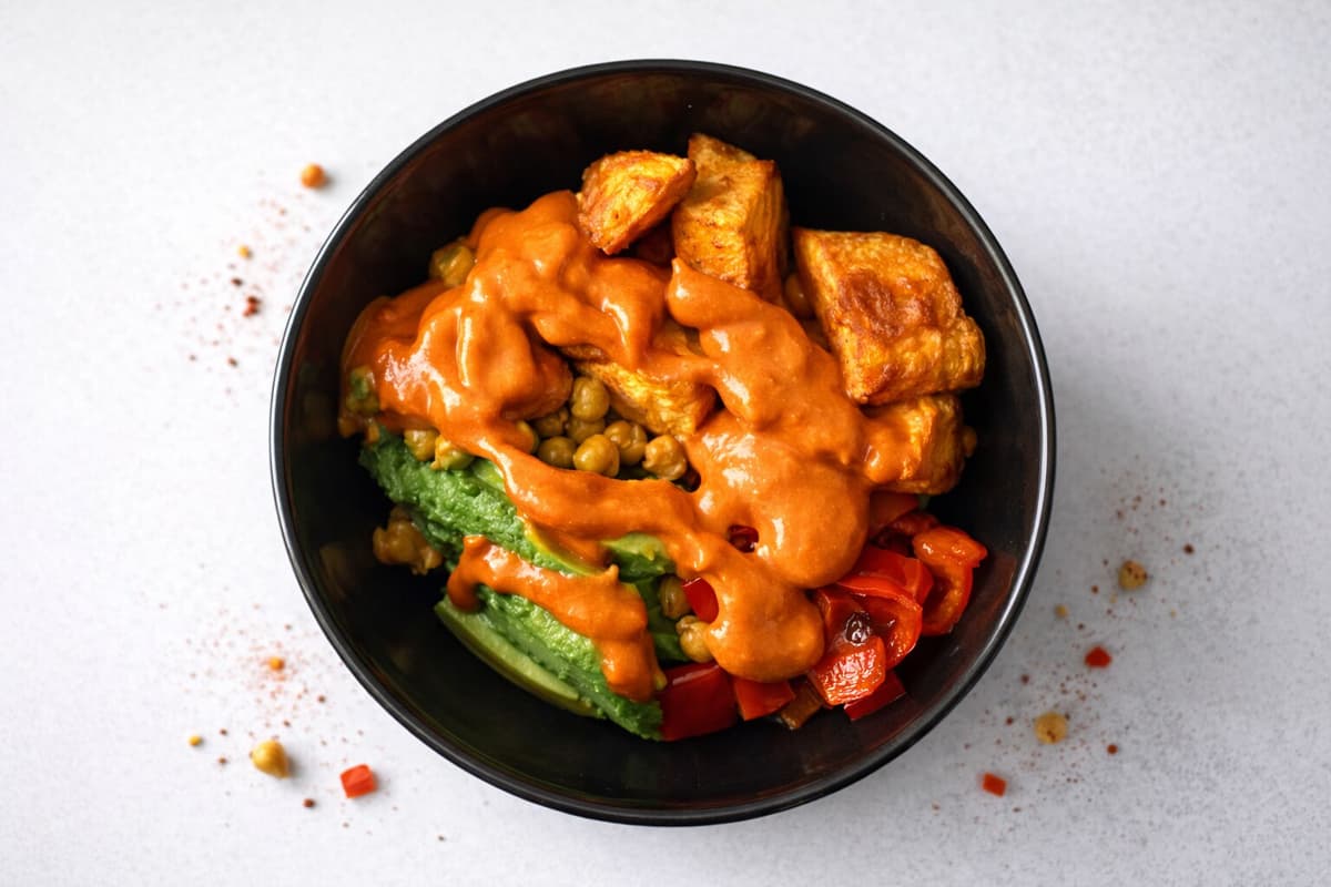 Smoky red pepper, sweet potato and chickpea bowl