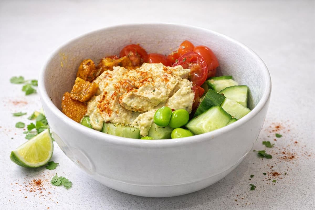 Sweet potato and hummus salad bowl