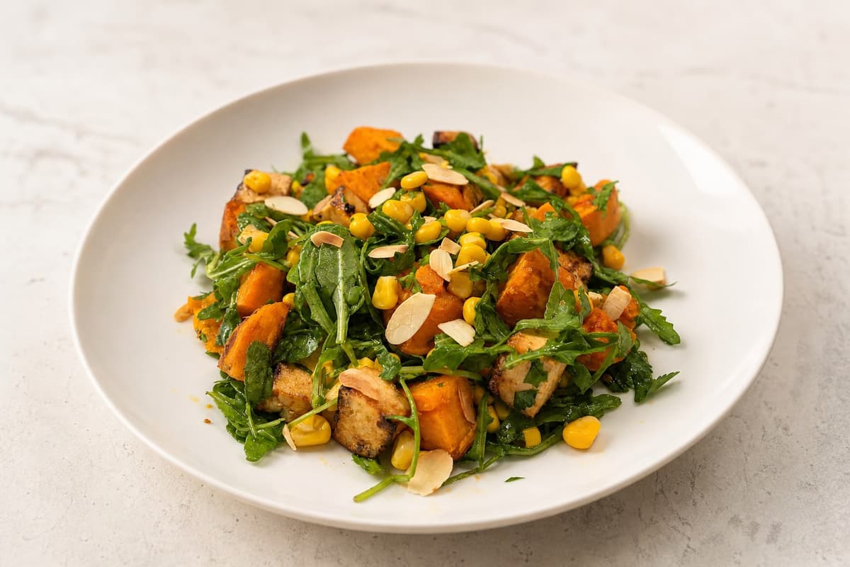 Sweet potato salad with crispy paprika tofu
