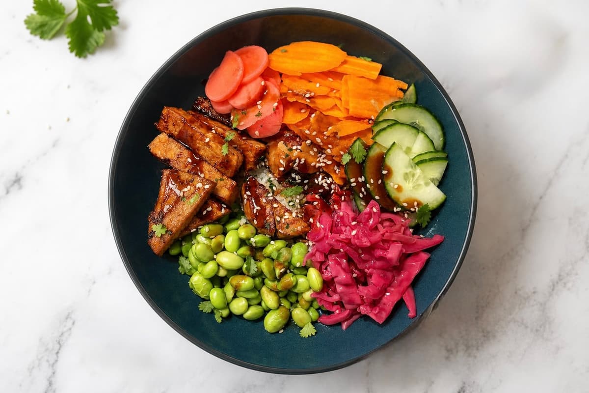 Tempeh rice bowl with hoisin sauce