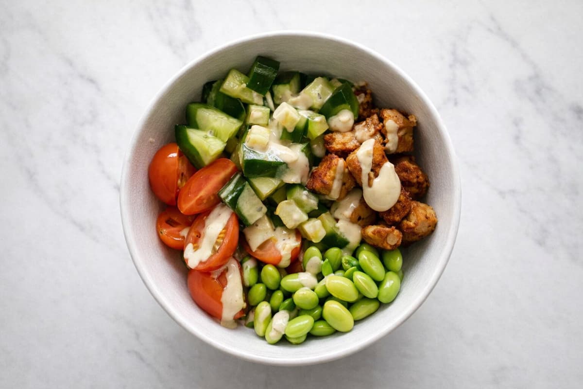 Tempeh salad bowl with tahini dressing
