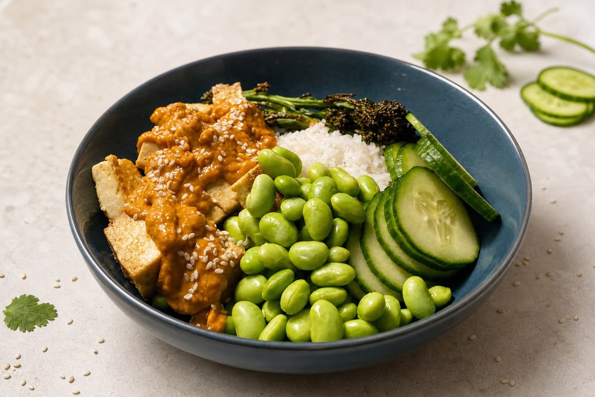Tofu grain bowl with spiced peanut sauce